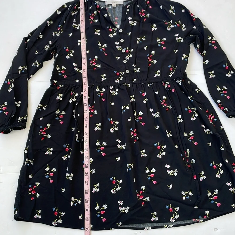 LOFT Black Casual Floral Side Tie Sundress Long Sleeves Medium Petite